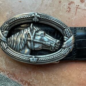 Black leather, heavy metal Horsehead buckle, western statement belt.